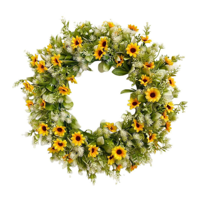 Spring Artificial Daisy Wreath, Artificial Sunflower, Multi-Variety Flowers,Plastic Rattan Ring, Bee Festival , Door Decor