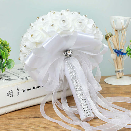 Bridal Rhinestone-Imitation Bouquet, Artificial Roses Flowers,Stylish White Rose Bouquet, PE and Lace, Luxury Wedding Decoration