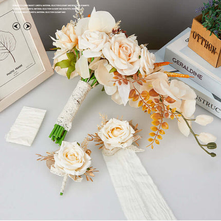 Wedding Bouquet, Artificial Roses Flowers, Teardrop Waterfall Bohemian Style, Wrist Corsage & Boutonniere Set, For Decoration