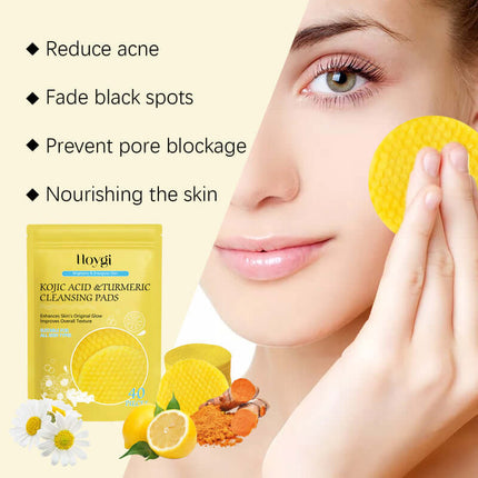 Turmeric Kojic Acid Cleansing Pads,Cleanse Facial Skin and Pores, Refreshing & Non-Greasy, Remove Makeup, Gently Exfoliate, Cleansing Pads, Suitable for Sensitive Skin HOYGI
