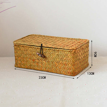Natural Straw Woven Storage Basket, Cosmetic Gift Organizer Box, Long Square Black Buckle Strap, Flat Lid Souvenir Gift