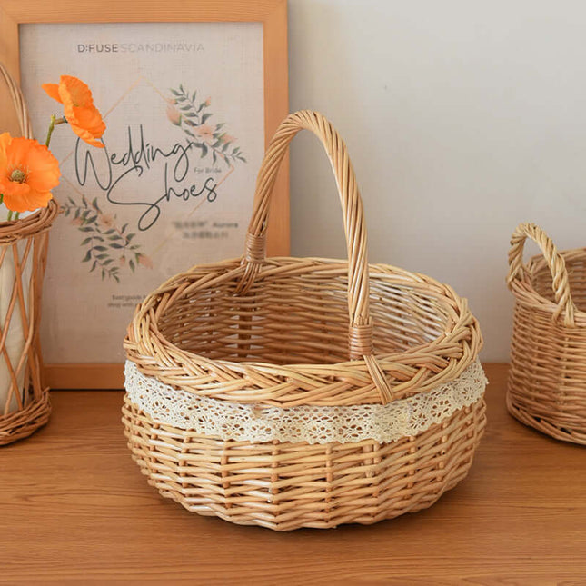 Handwoven Willow Handheld Flower Basket, Woven Lace Storage Basket, Pastoral Style