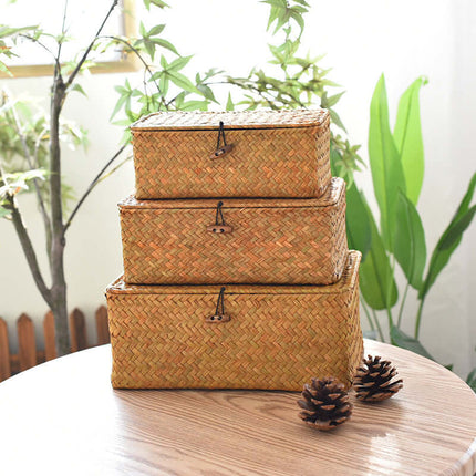 Natural Straw Woven Storage Basket, Cosmetic Gift Organizer Box, Long Square Black Buckle Strap, Flat Lid Souvenir Gift